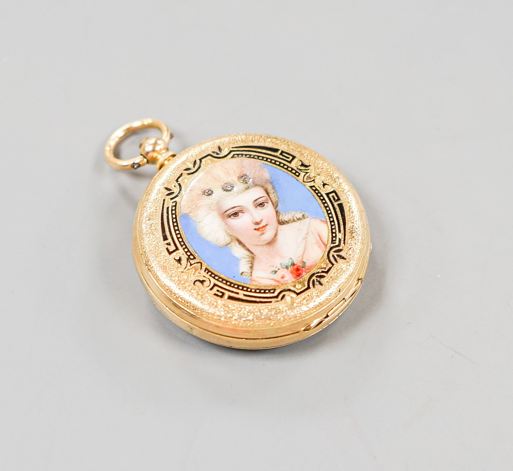 A continental yellow metal, enamel and diamond chip set open face fob watch, decorated en verso with the bust of a lady
